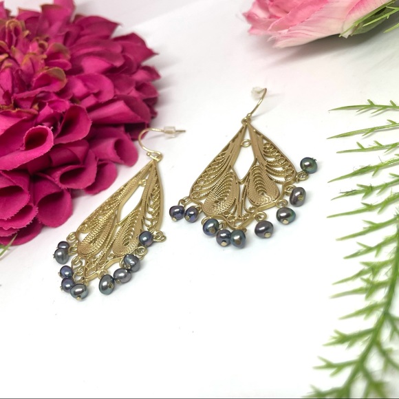 NEW⚜️Genuine Pearl Golden Filigree Ornate Earrings - Picture 3 of 6